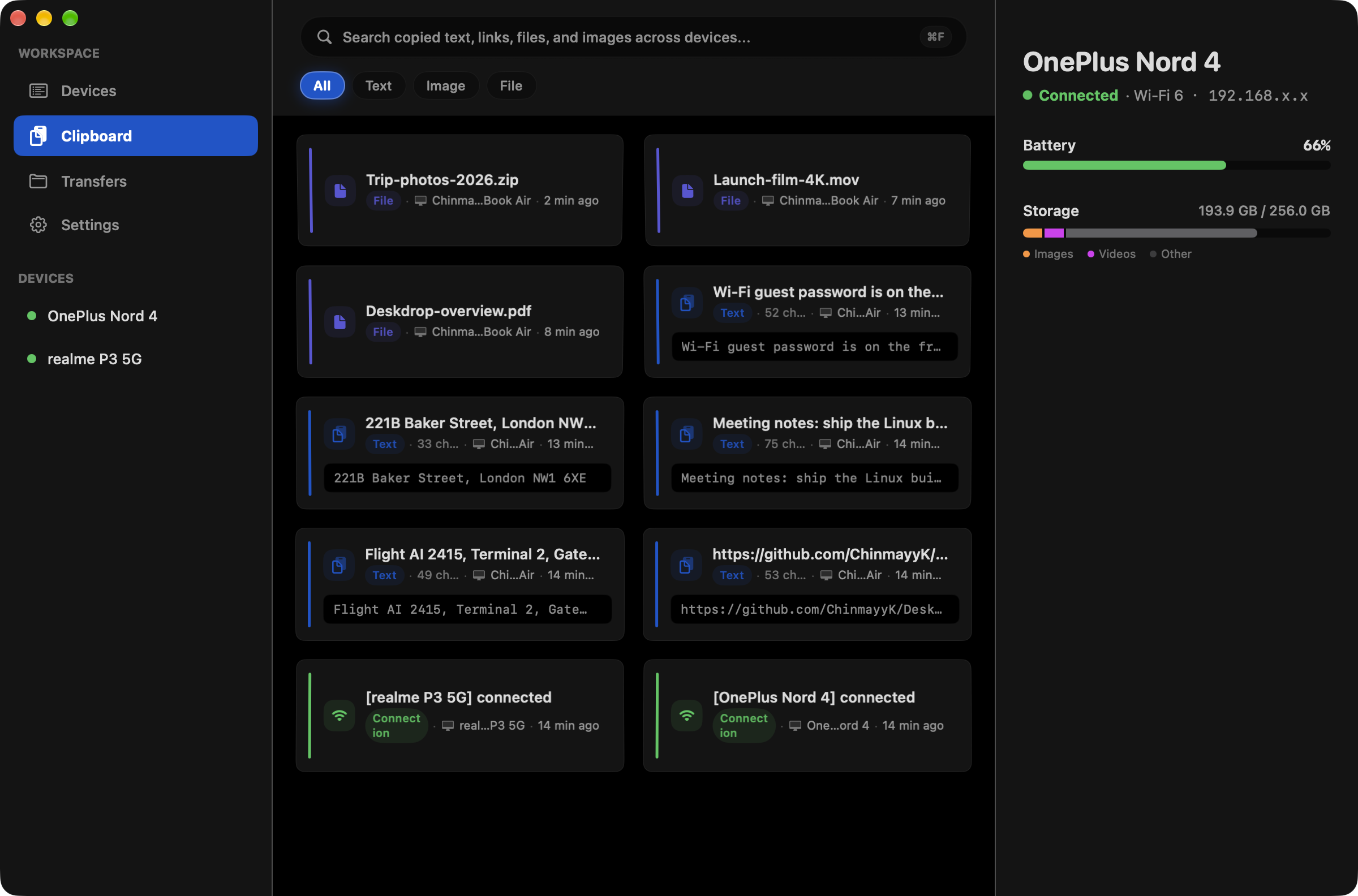 Link All for macOS clipboard history with files, text and connection events from two devices