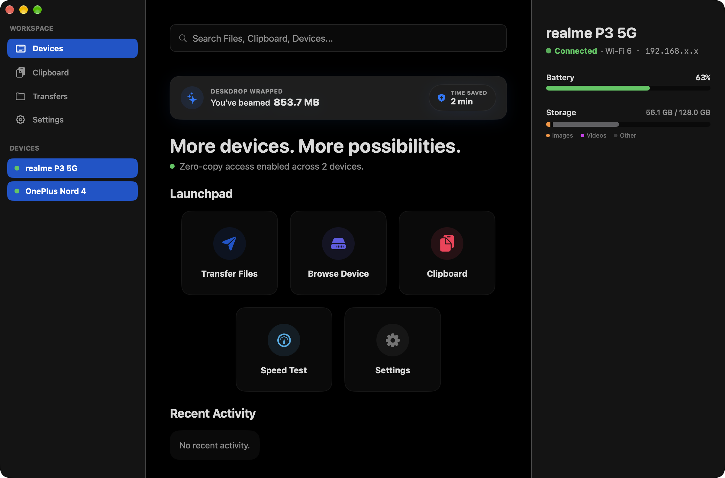 Link All for macOS: Devices. Every paired phone and computer, with battery, storage and a launchpad for what you do most.