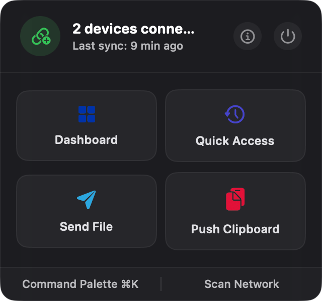 Link All's macOS menu bar card: two devices connected, with Dashboard, Quick Access, Send File and Push Clipboard
