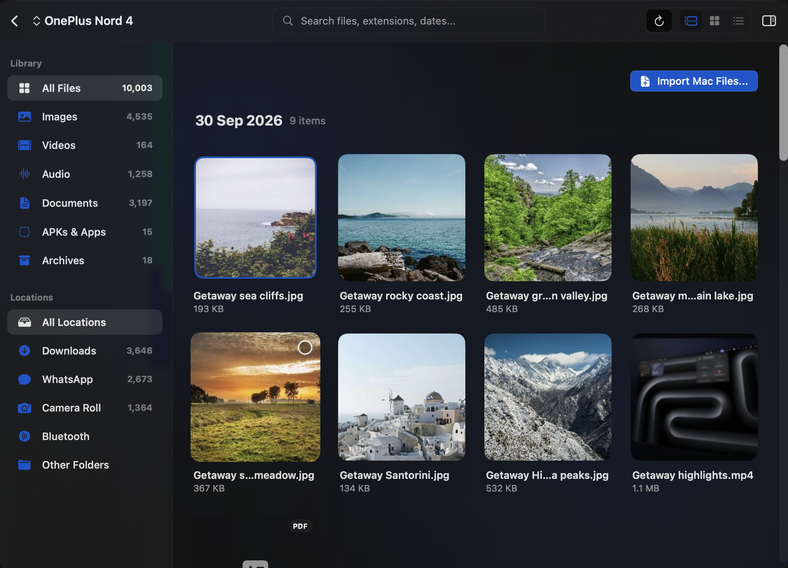 Link All for macOS browsing a OnePlus Nord 4: photos, videos and documents by category and folder