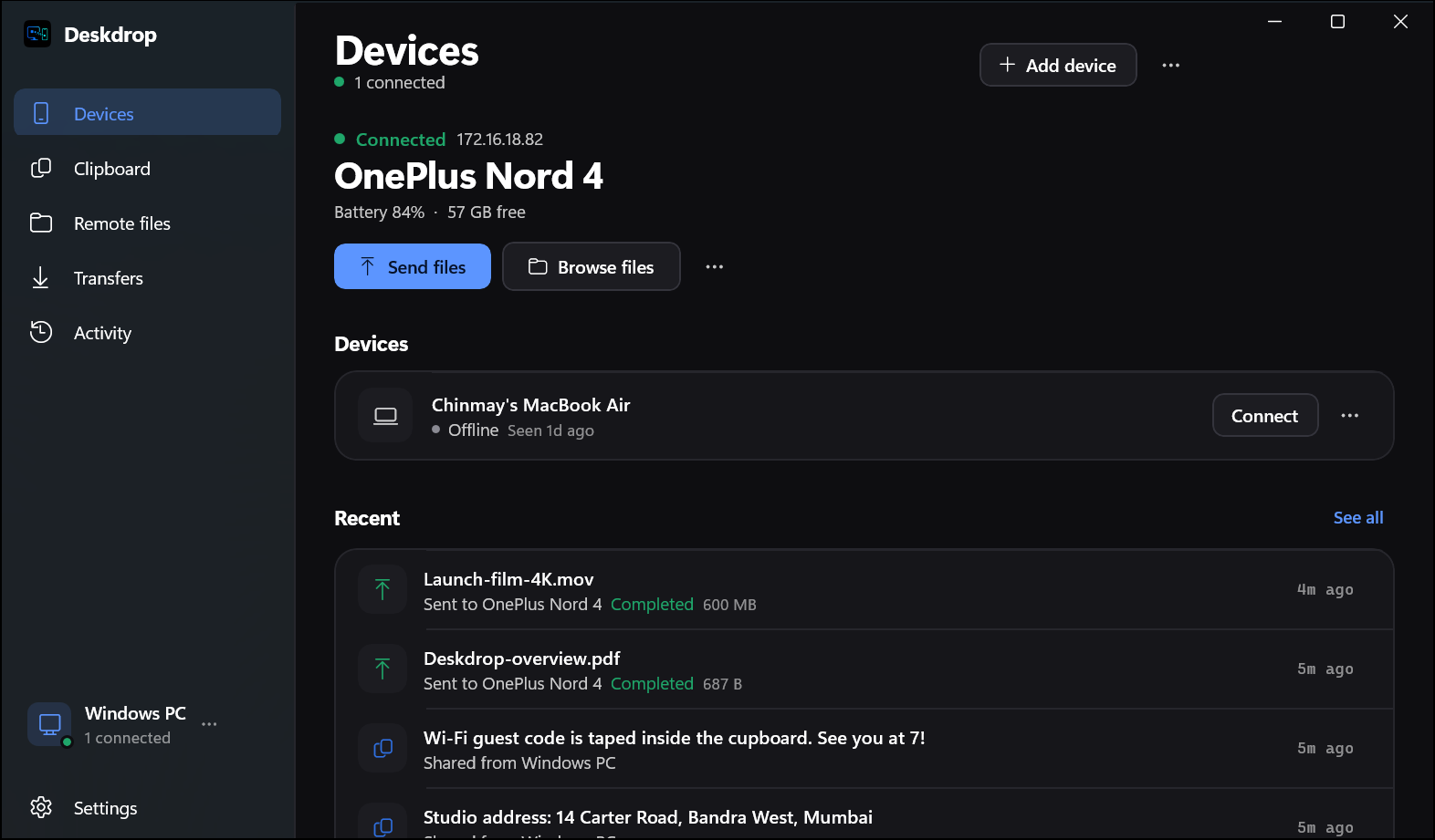 Link All for Windows: Devices. Your connected phone front and centre, with battery, free space, and one click to send or browse its files.
