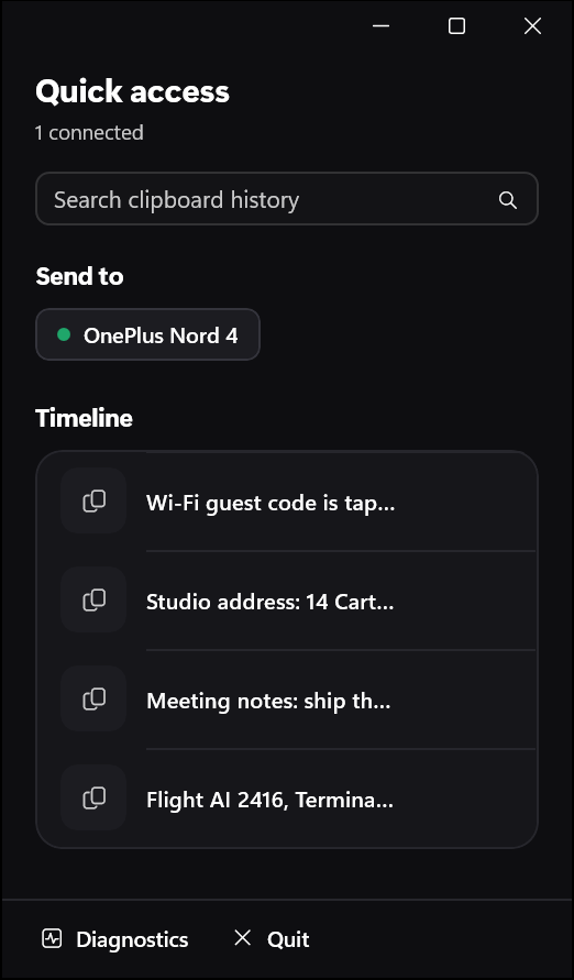 Link All Quick access panel on Windows, with clipboard search and a Send to button