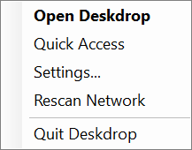 Link All system tray menu: Open Link All, Quick Access, Settings, Rescan Network, Quit